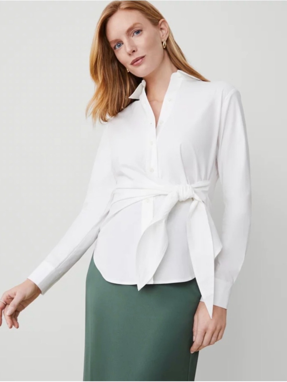 Ann Taylor White Tie-Waist Button-Up Blouse - Women